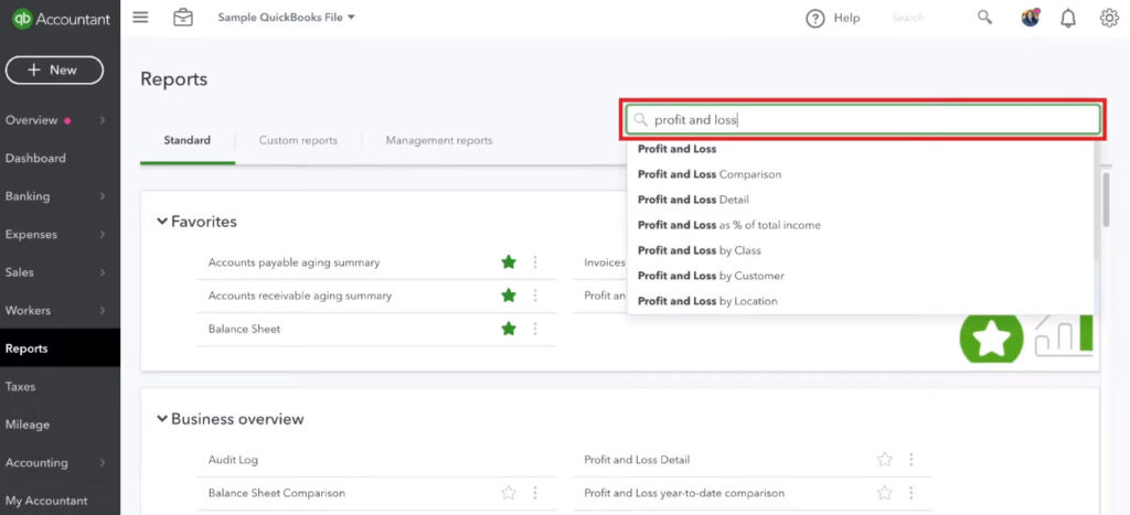 Searching reports for the Profit and Loss in Quickbooks Online.