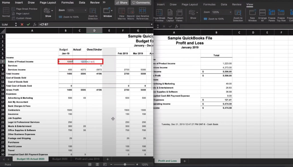 Creating formula for the Over/Under column in Excel.