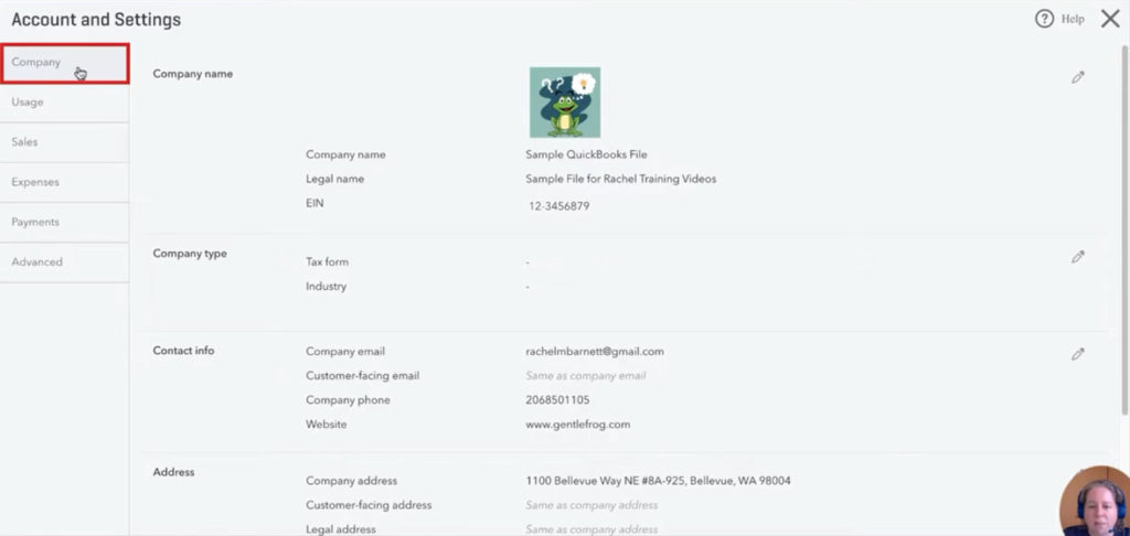Account and Settings: Company selected in menu