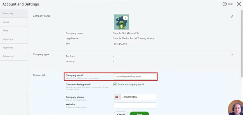 Editing company email address in QuickBooks Online