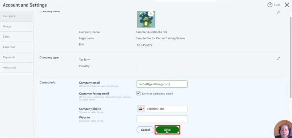 Saving email address change in QuickBooks Online