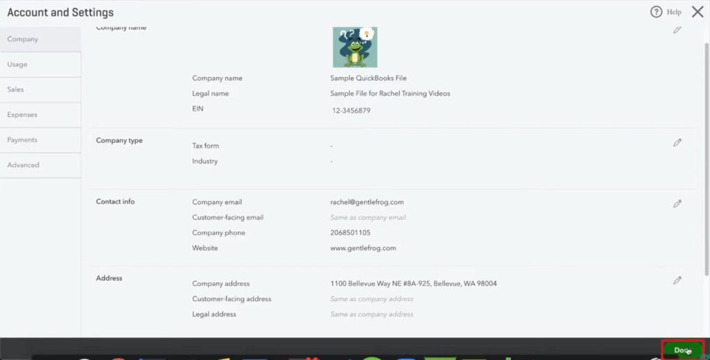 Done editing Contact info in QuickBooks Online Account and Settigns