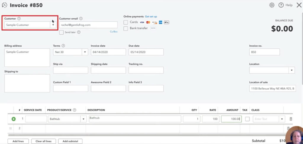 Sample Customer in QuickBooks Online