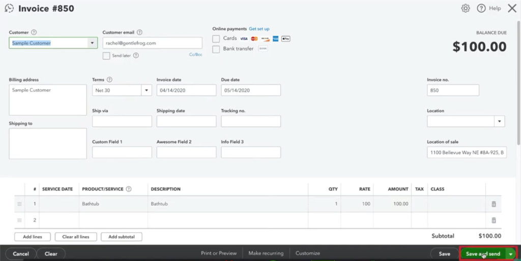 Save and send invoice in QuickBooks Online