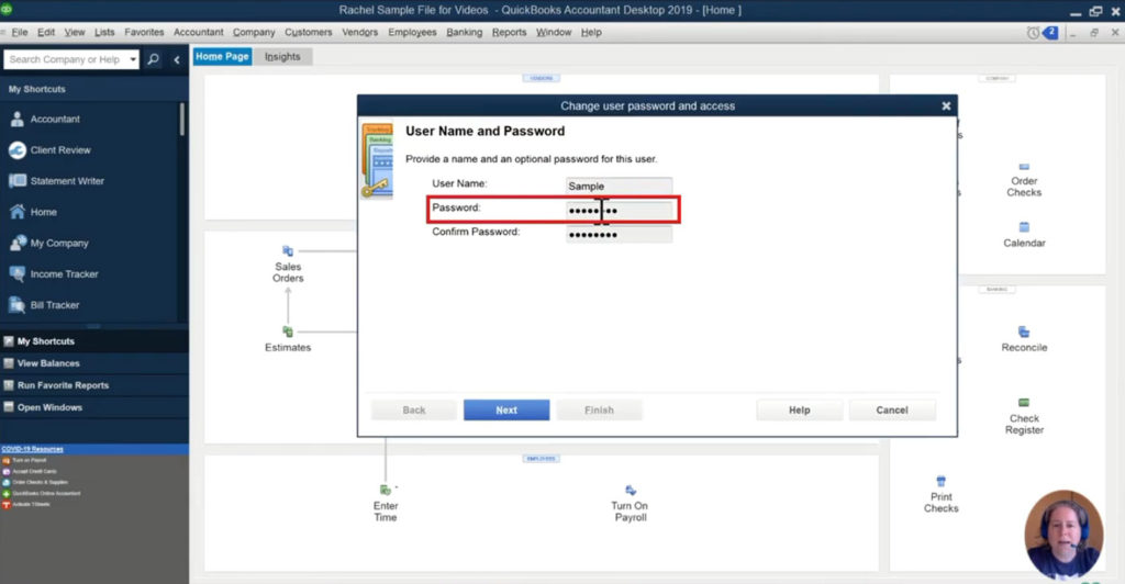 Enter a new password for user in QuickBooks Desktop