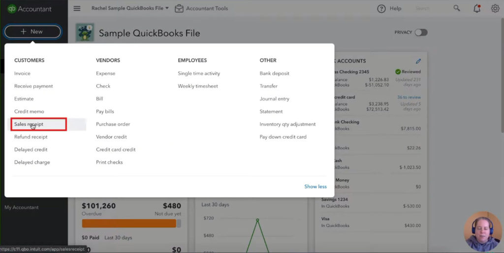 Creating a new Sales Receipt from the main menu in QuickBooks