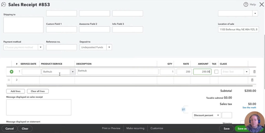 Sales receipt creation for a Stripe order depositing to 