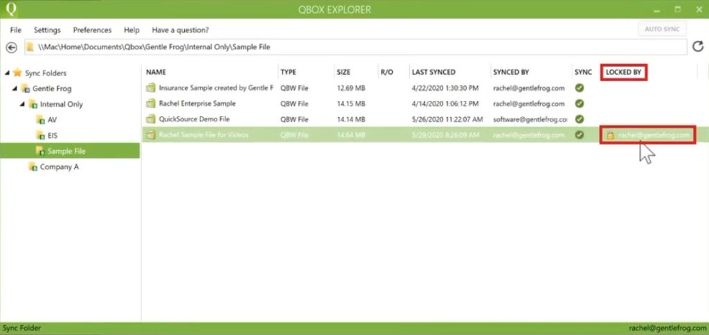 What it looks like when a file is locked in the Qbox Explorer.