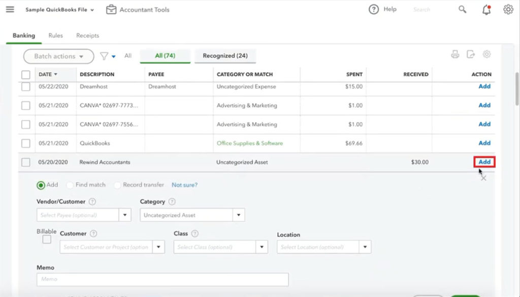 Add Action in QuickBooks Online