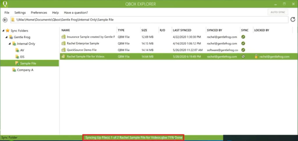 Qbox showing progress of file sync.