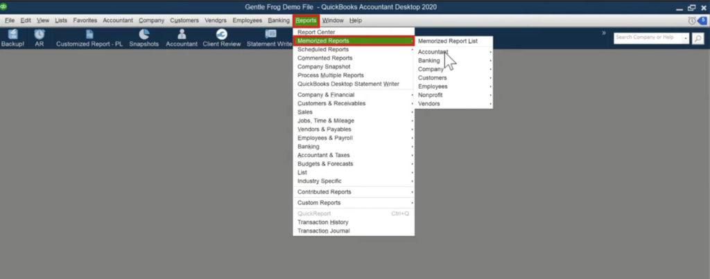 Navigating to a custom report in QuickBooks Desktop 2020