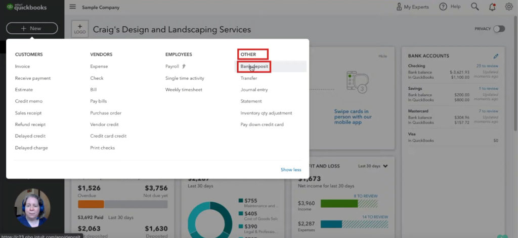 Creating a Bank Deposit from the quick create menu in QuickBooks Online
