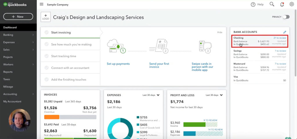 QuickBooks Online dashboard Bank Accounts