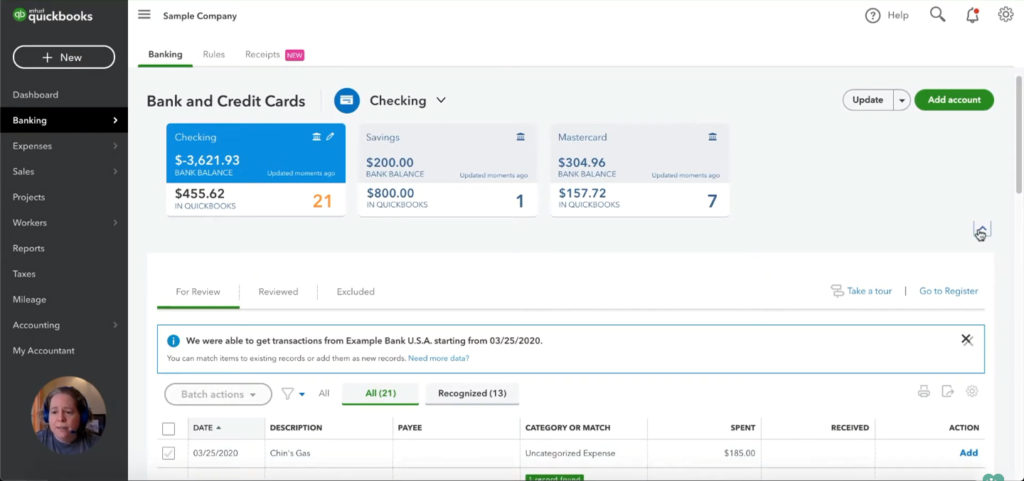 QuickBooks banking screen