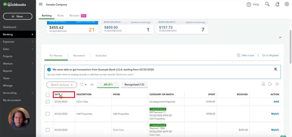 Changing the order of transactions by date in QuickBooks Online