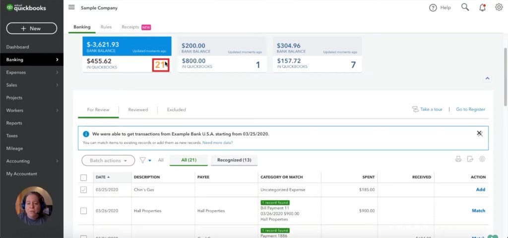 Number of transactions to review in QuickBooks Online