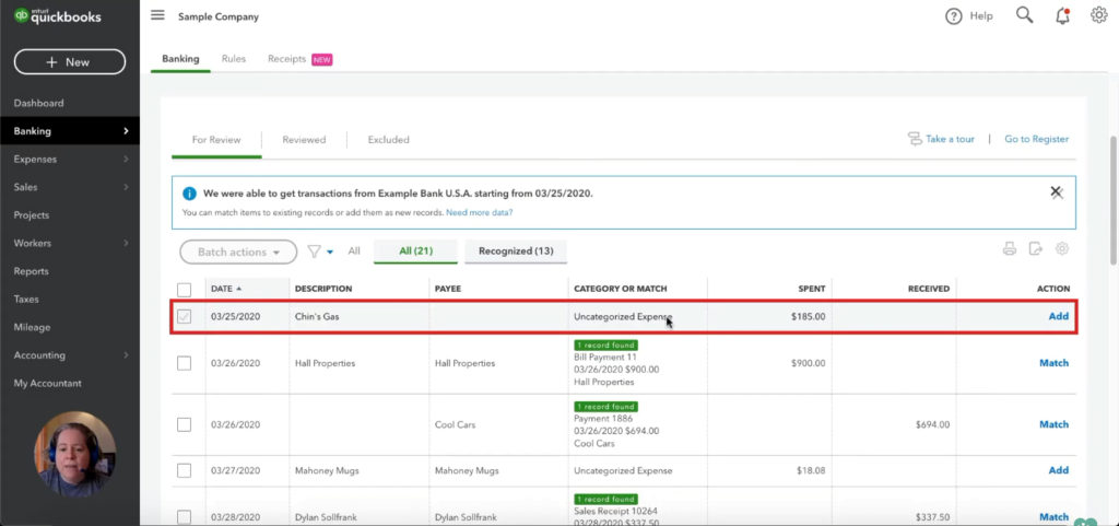 Reviewing a bank transaction in QuickBooks Online