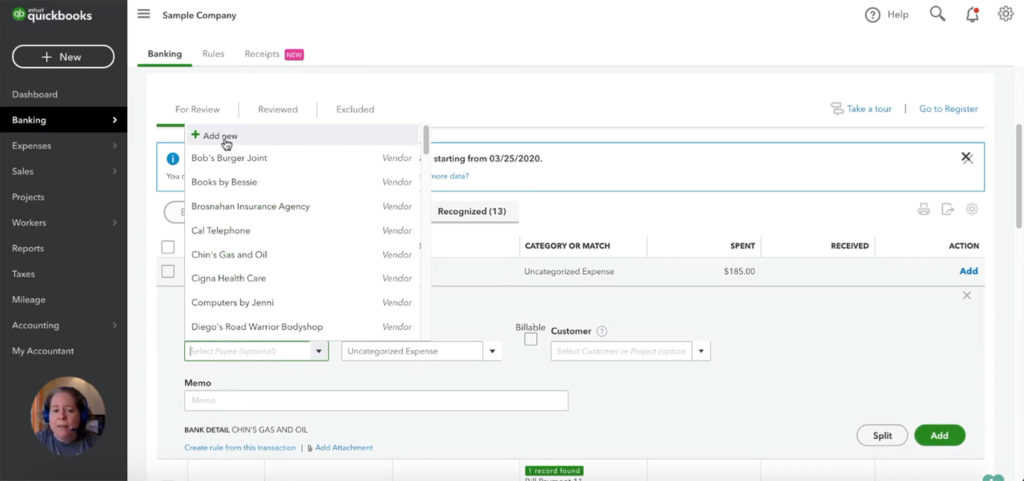 Entering a Payee for a transaction in QuickBooks Onlnie