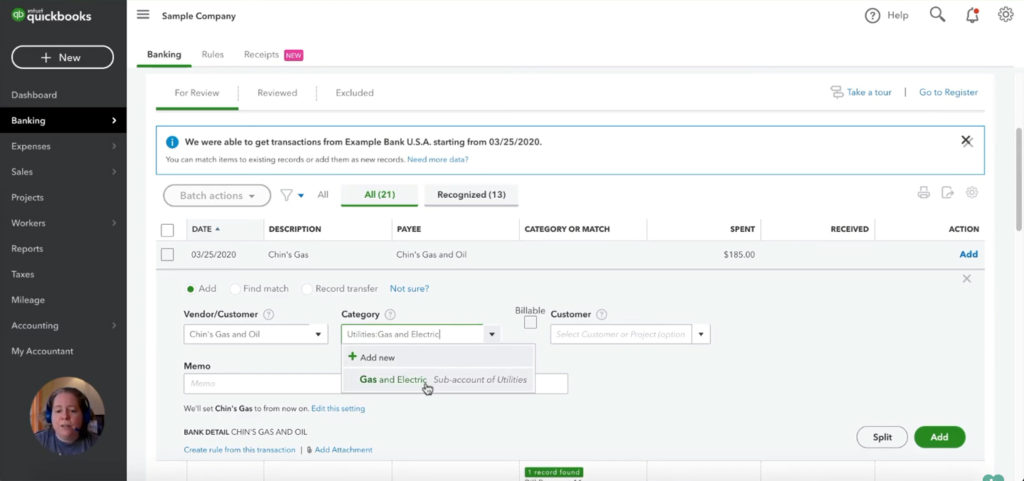 Selecting a category for a transaction in QuickBooks Online