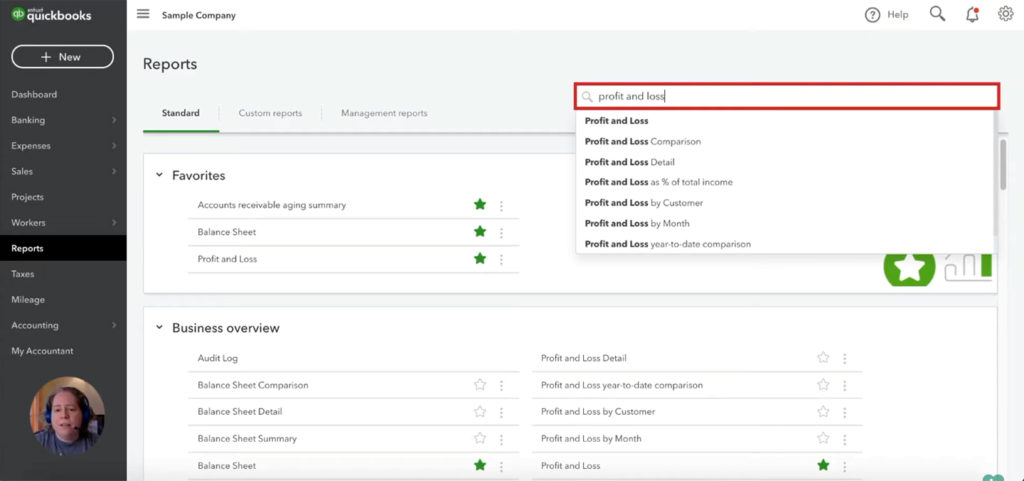 Searching for the Profit and Loss report
