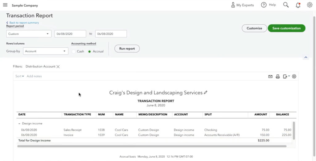 Viewing different transaction types in the profit and loss report.