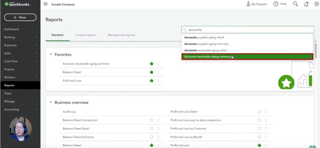 Searching for Accounts receivable aging summary report in QuickBooks Online.