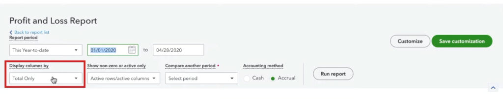 Profit and Loss report Display columns by customization option