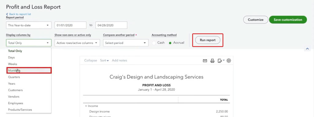 Changing Display columns by in Profit and Loss report of QuickBooks Online.