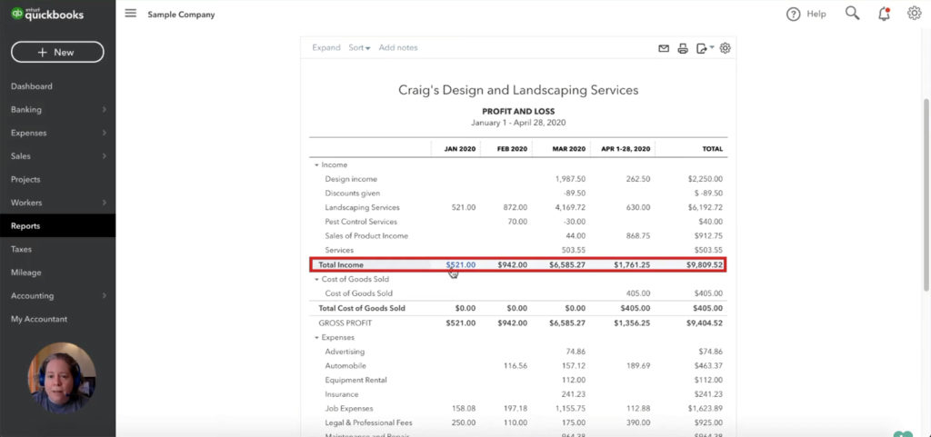 Income totals in Profit and Loss report in QuickBooks Online