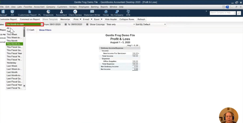 changing the date range in the Profit & Loss report in QuickBooks Desktop