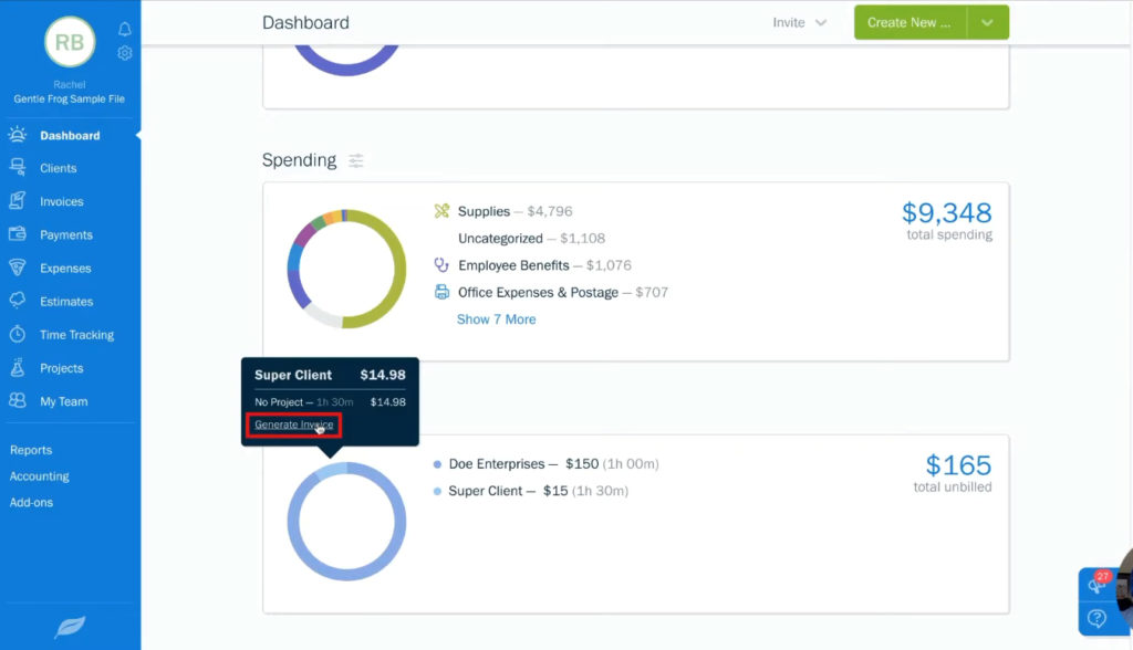 Generate invoice from unbilled time in Freshbooks.