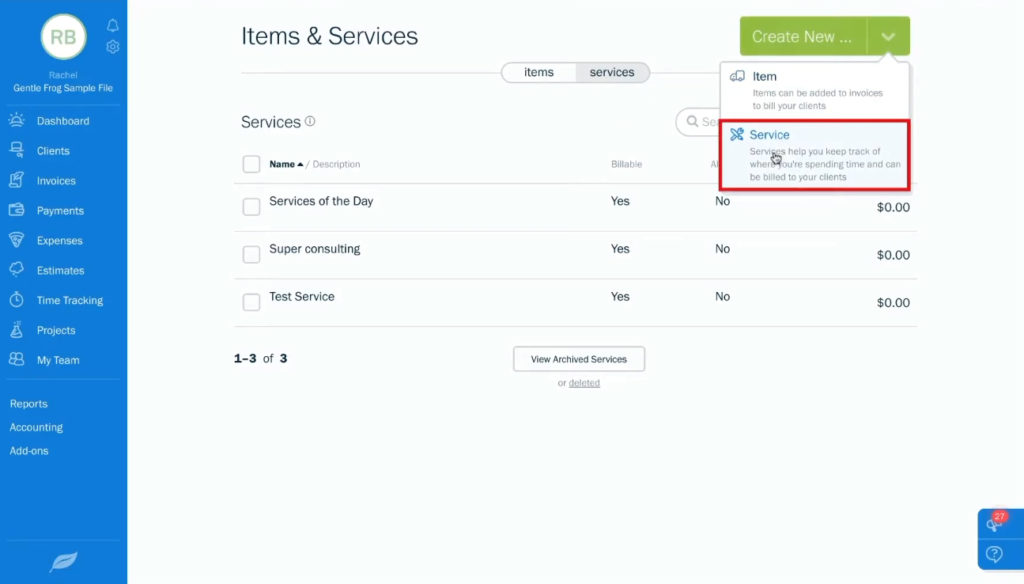 Creating a new service in Freshbooks.