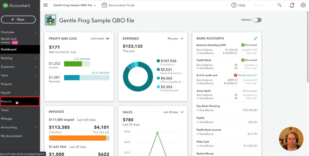Reports in menu in QuickBooks Online