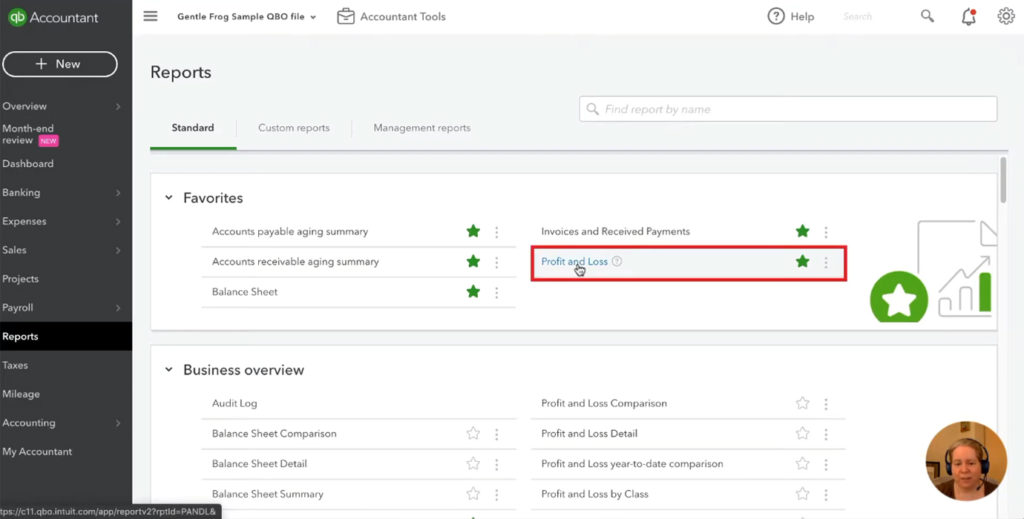 Profit & Loss report favorited on the Reports page in QuickBooks Online