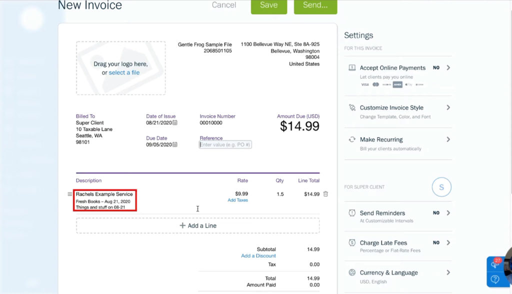 Adding a new line to an invoice in Freshbooks