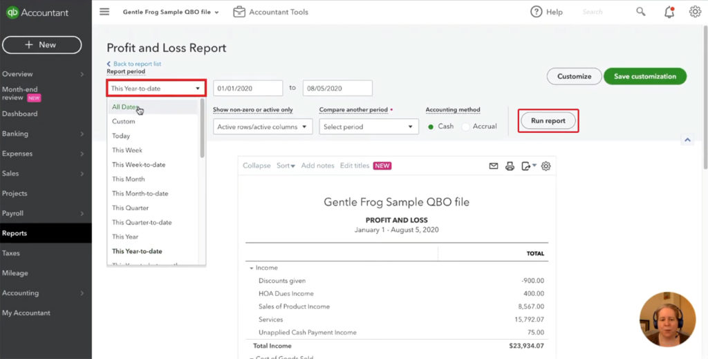 Changing the date range of the Profit & Loss report in QuickBooks Online