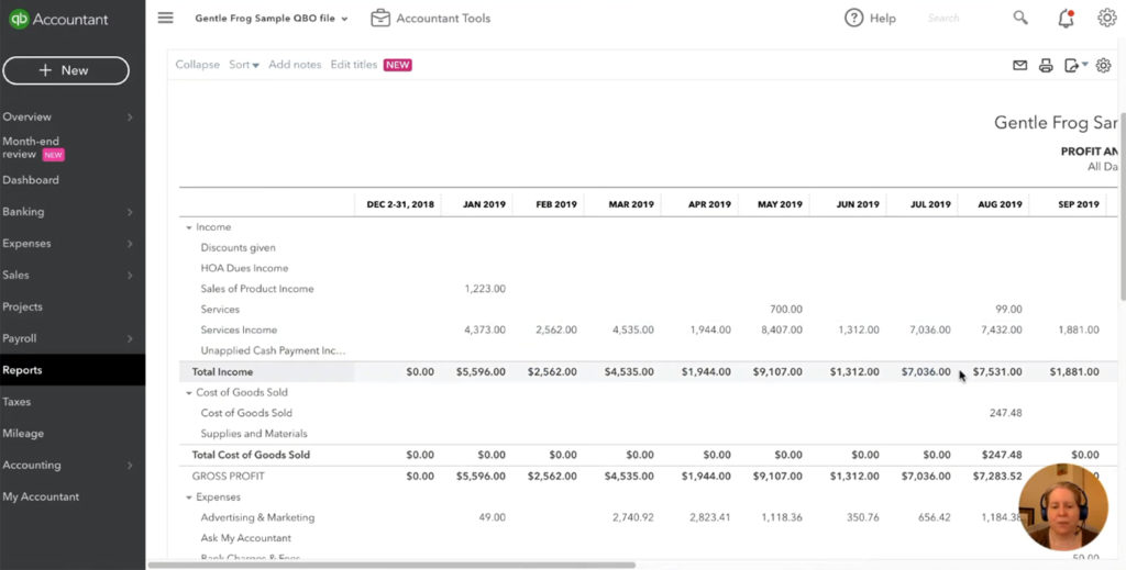 Profit & Loss report viewing month-over-month in QuickBooks Online