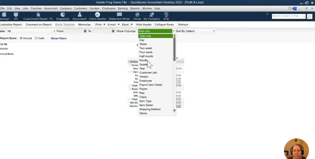 Select month-over-month view in Profit & Loss report in QuickBooks Desktop