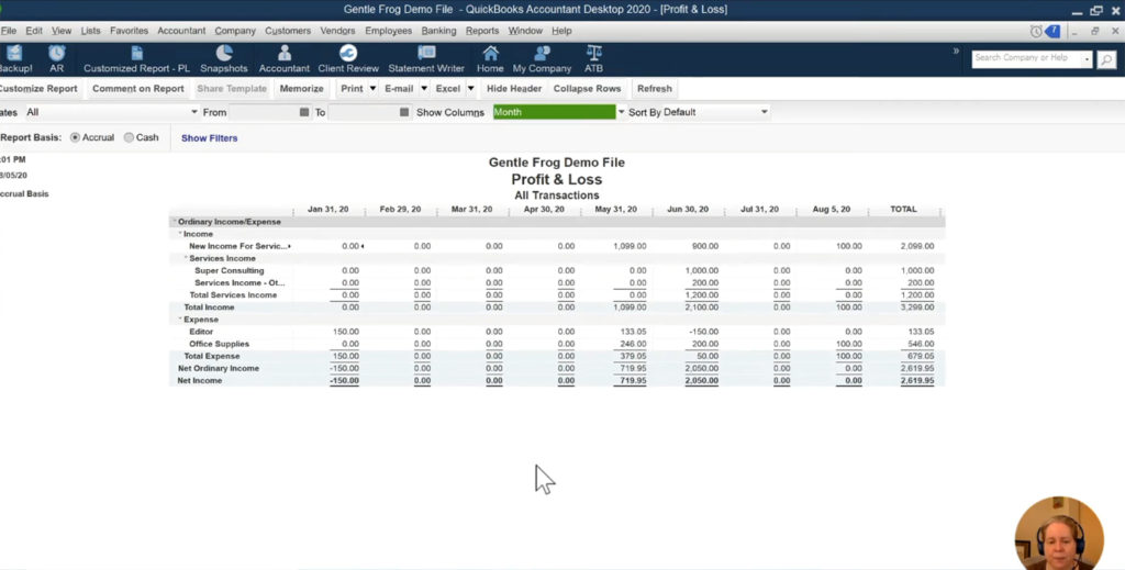 Profit & Loss report as month-over-month in QuickBooks Desktop