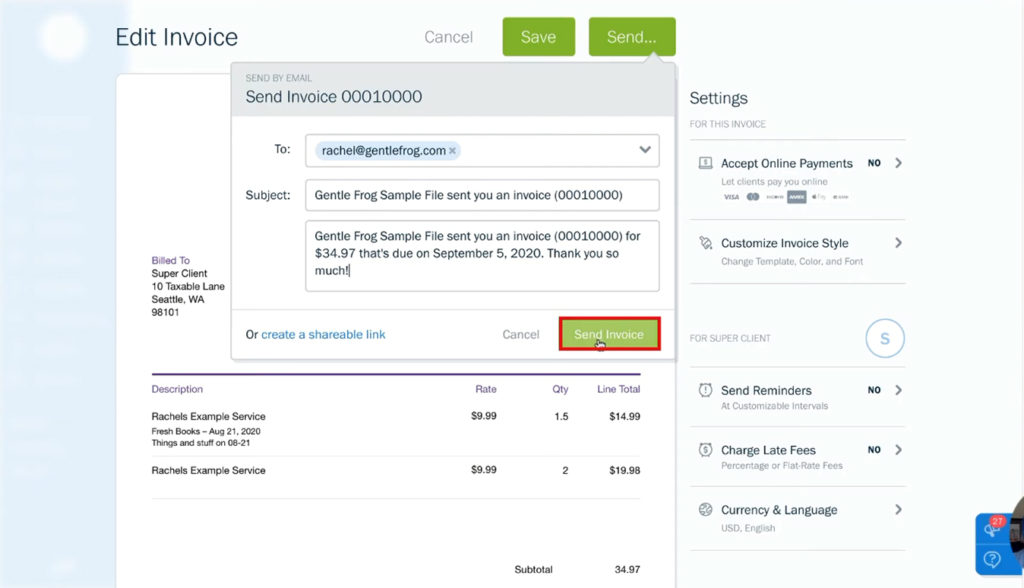 Sending an invoice by email in Freshbooks