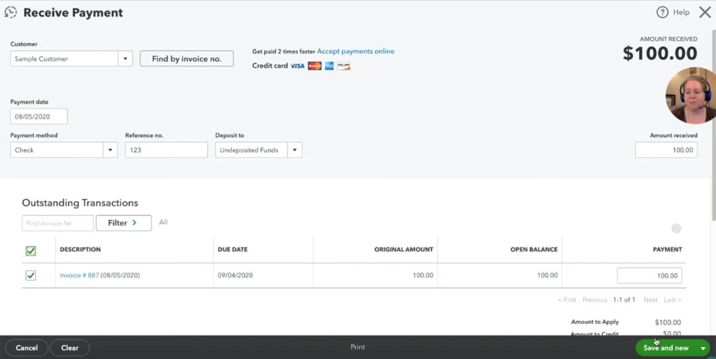 Receive payments screen in QuickBooks Online