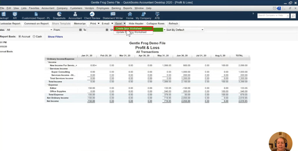 Exporting the Profit & Loss report as an Excel worksheet in QuickBooks Desktop