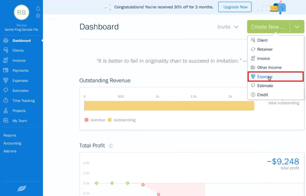 Creating a new expense from the FreshBooks home screen.