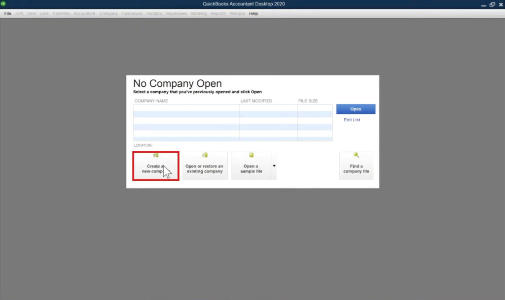 Creating a new company file in QuickBooks Desktop