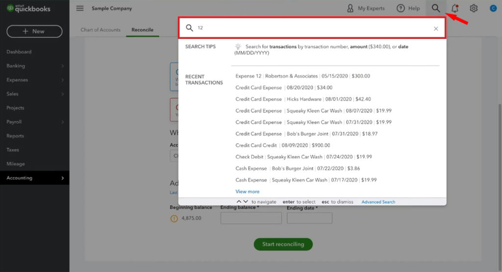 Using the transaction search in QuickBooks Online