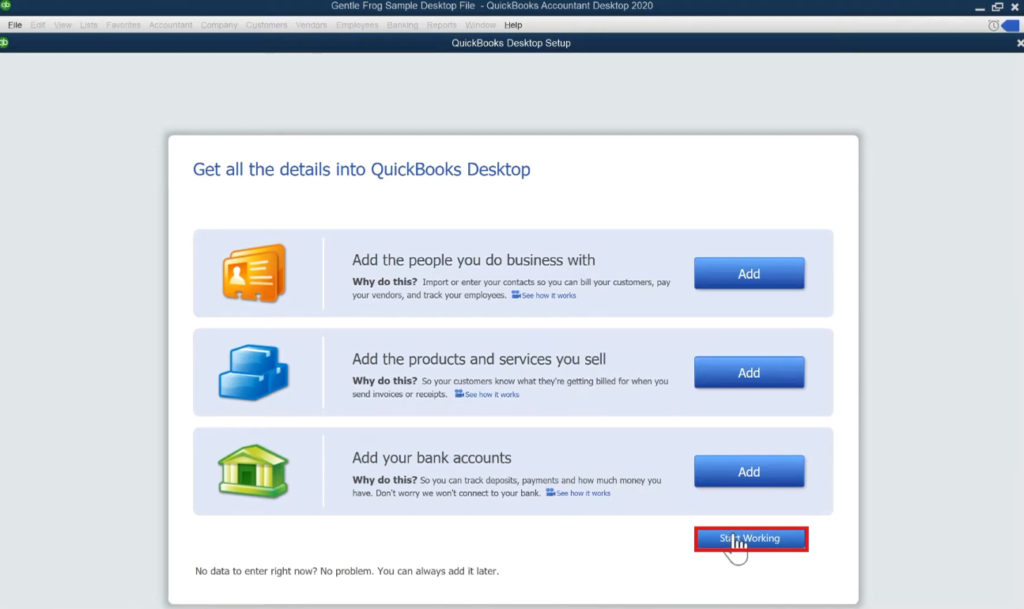 Prompts for setting up QuickBooks Desktop