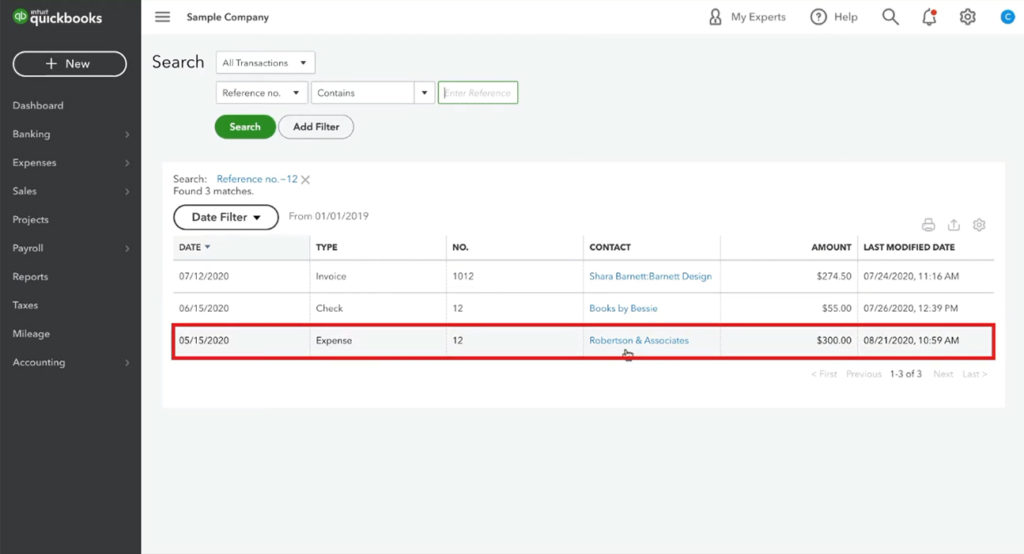QuickBooks Online all transactions search results