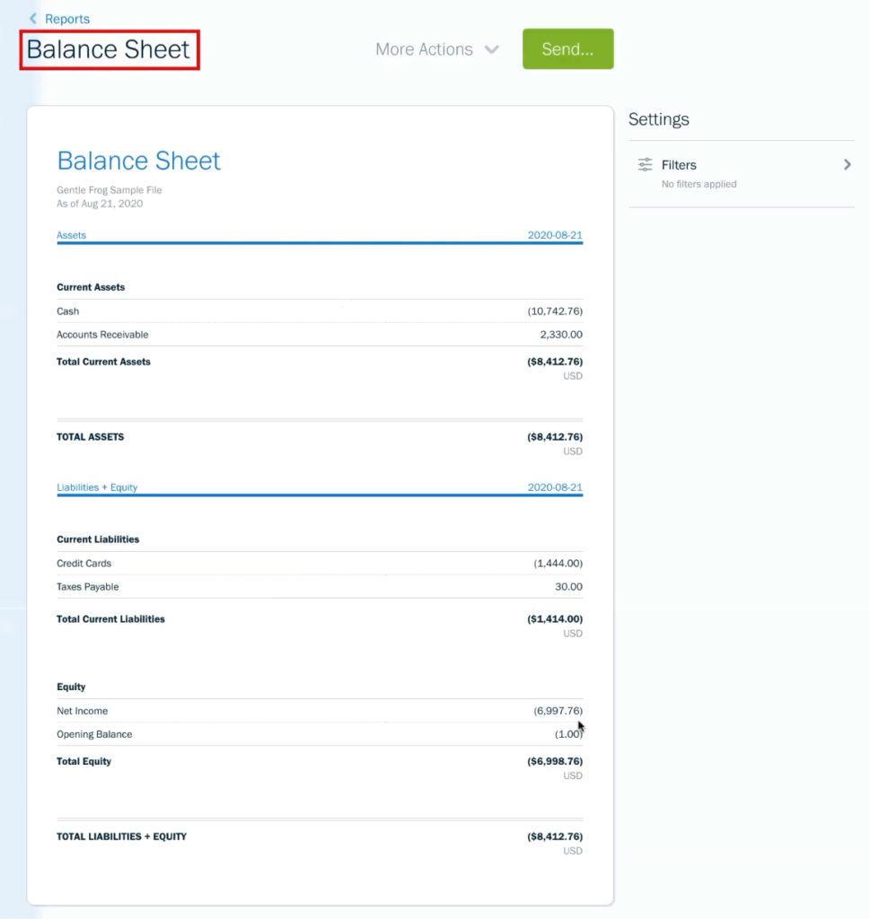 FreshBooks Balance Sheet report