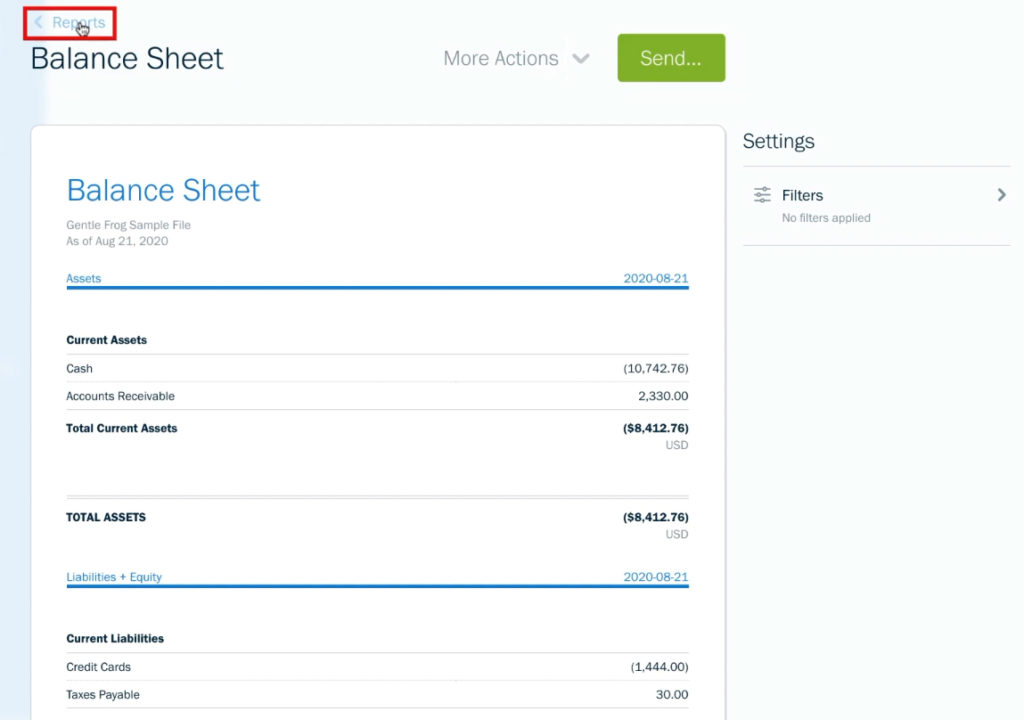 FreshBooks return to reports link in Balance Sheet