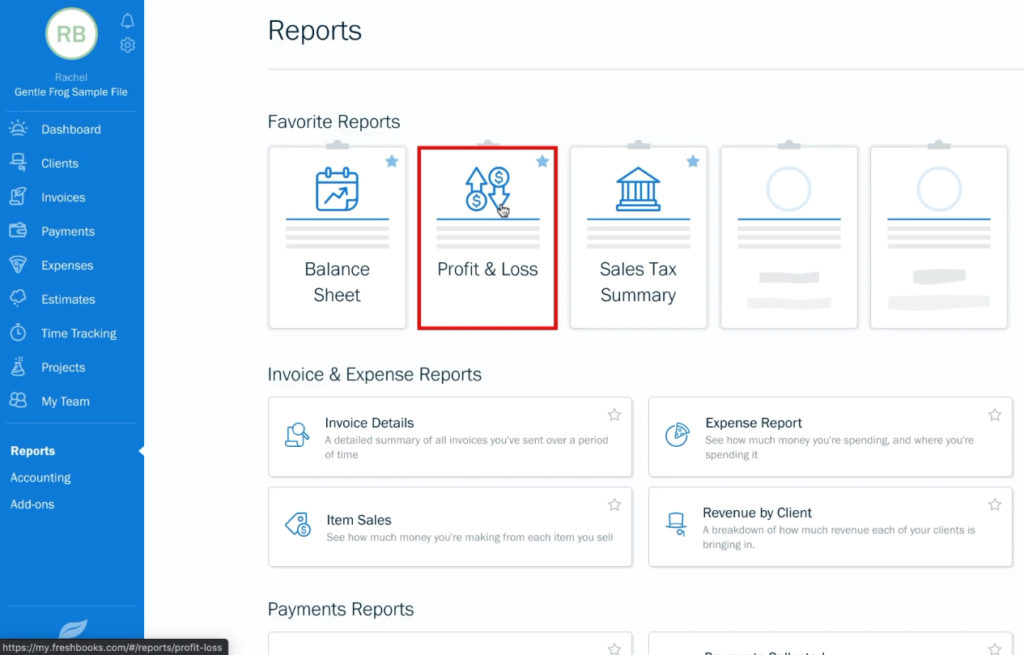 FreshBooks reports page Profit & Loss icon